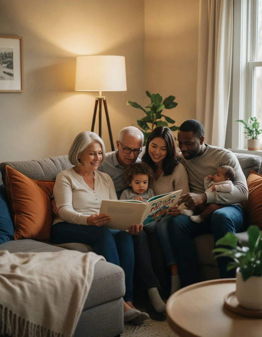 Three generations reading together with a baby