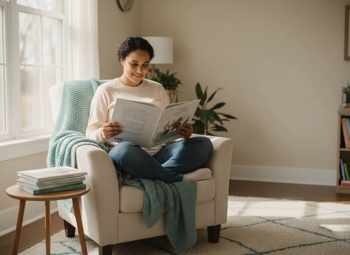 Expecting parent reading prenatal books in a calm, sunlit room
