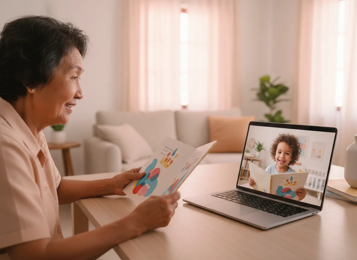 Grandparent reading the same personalized book on a video call with a young child