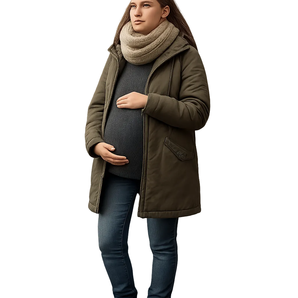 Pregnant woman in a winter coat and knitted scarf, looking calm and hopeful.