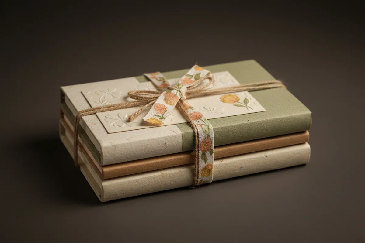 Keepsake books wrapped in twine with a stamped name tag and summer-floral ribbon.