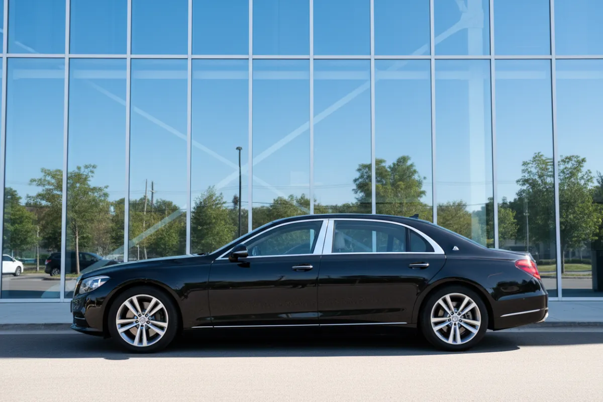 A sleek, black luxury sedan with chrome accents parked in front of a modern glass building, sunlight reflecting off the polished surface, no people visible, 3:2 aspect ratio, editorial style.