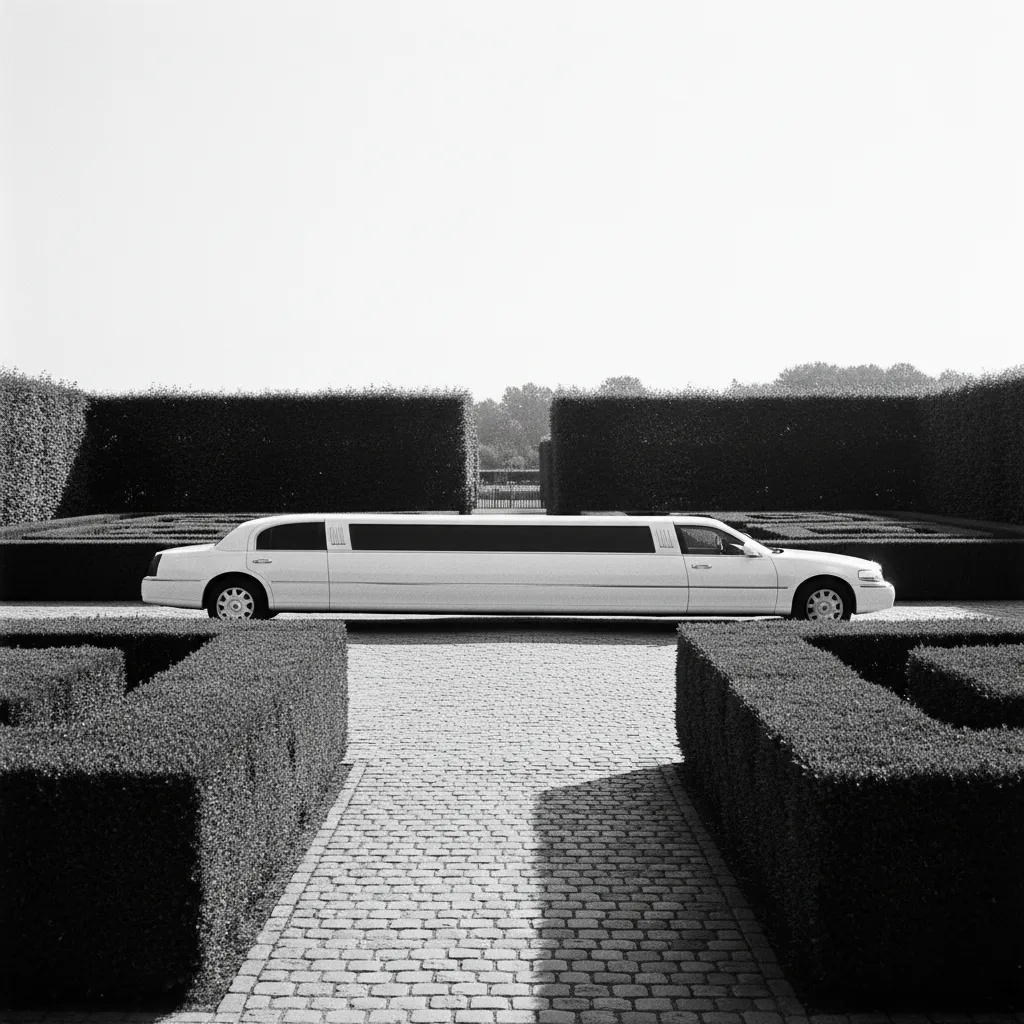 A white stretch limousine parked on a cobblestone driveway, surrounded by manicured hedges, 1:1 aspect ratio, high-contrast photography.