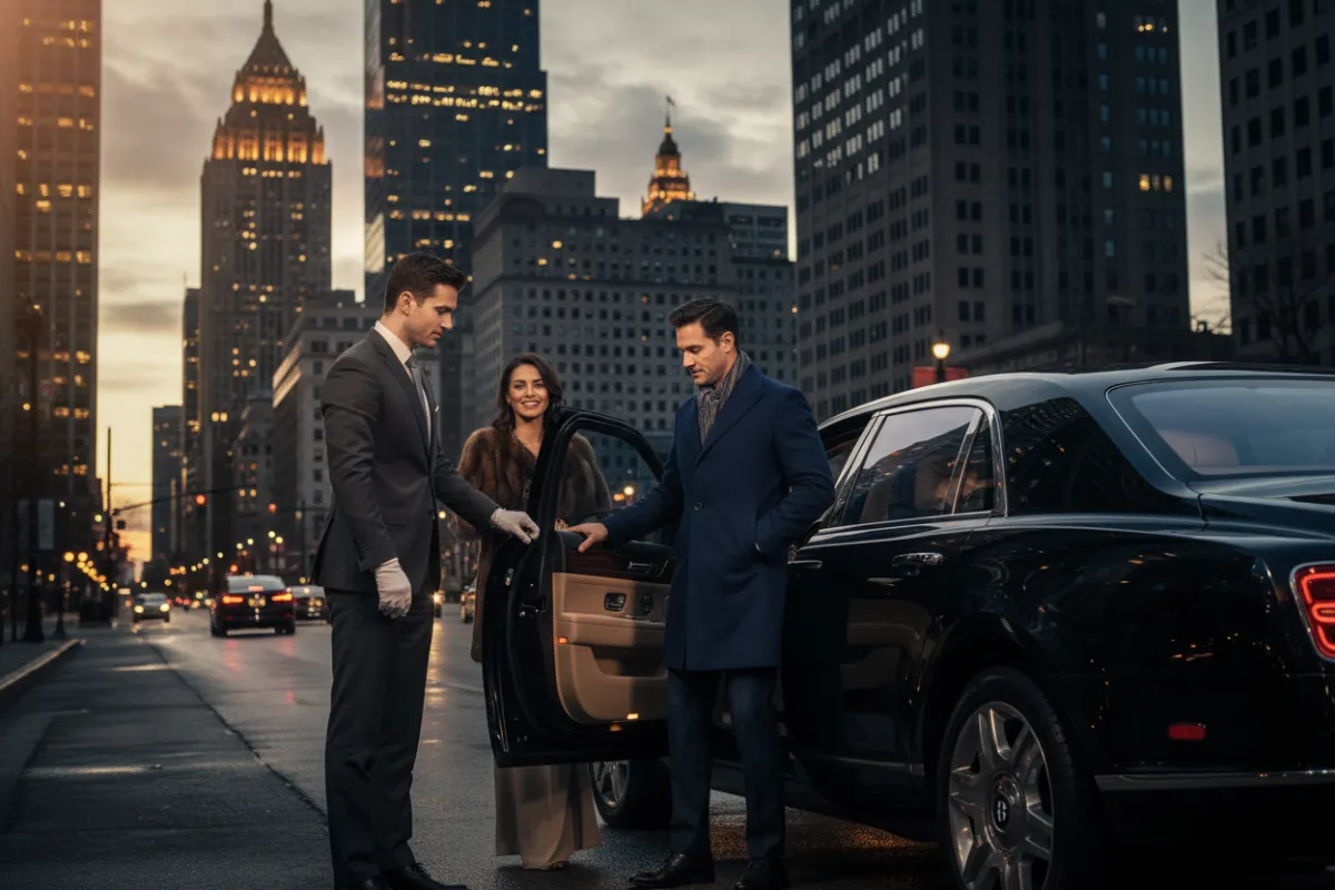 A distinguished chauffeur in a tailored suit opening the door of a luxury vehicle for a well-dressed client, city skyline in the background, 3:2 aspect ratio, cinematic lighting.