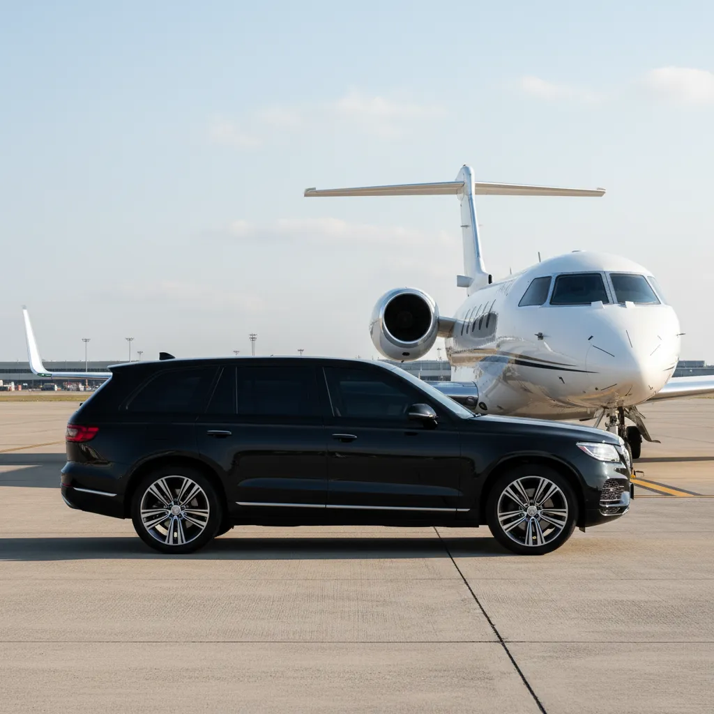 A luxury SUV with tinted windows parked beside a private jet on an airport tarmac, 1:1 aspect ratio, modern editorial style.