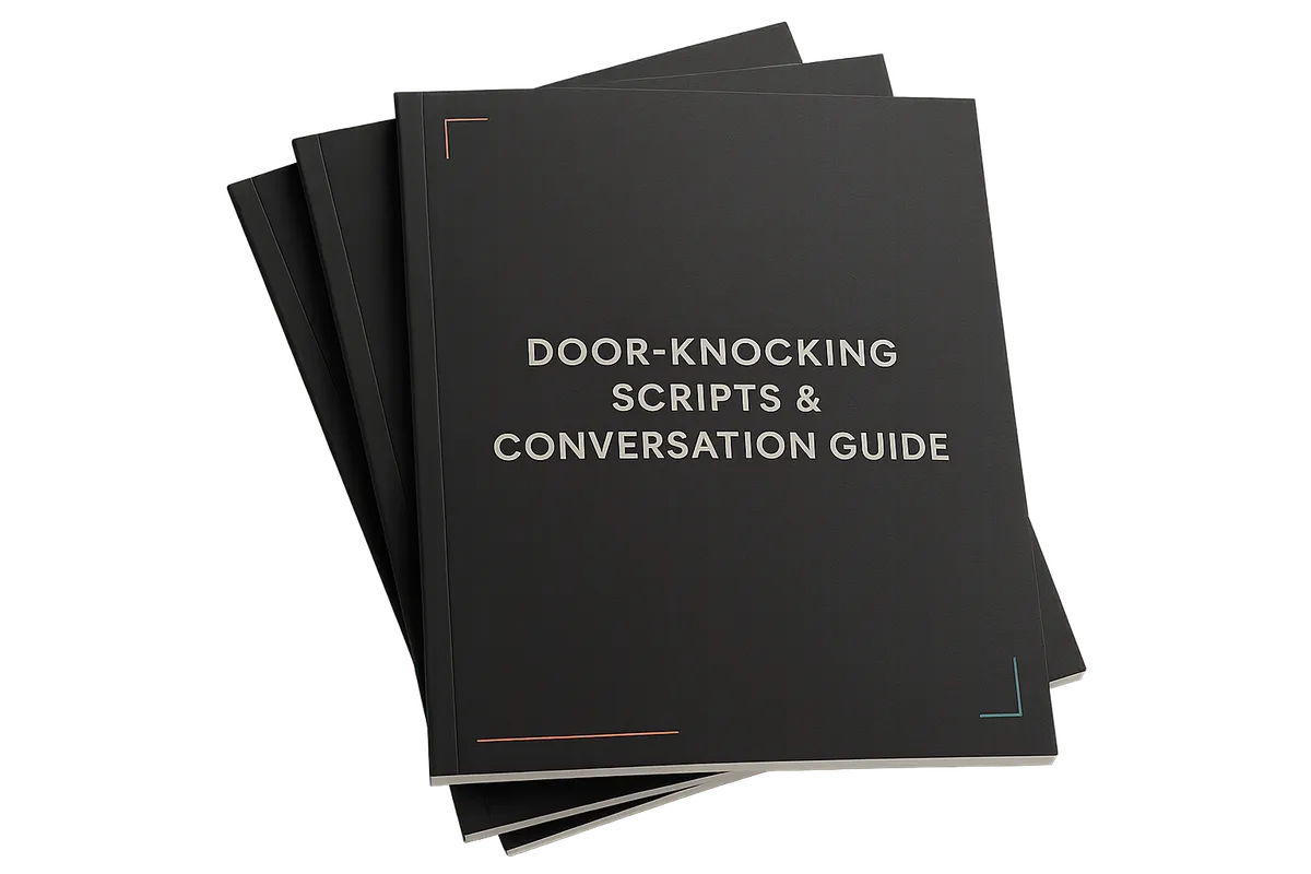 3D stack of modern door knocking script cheat sheets and conversation guides