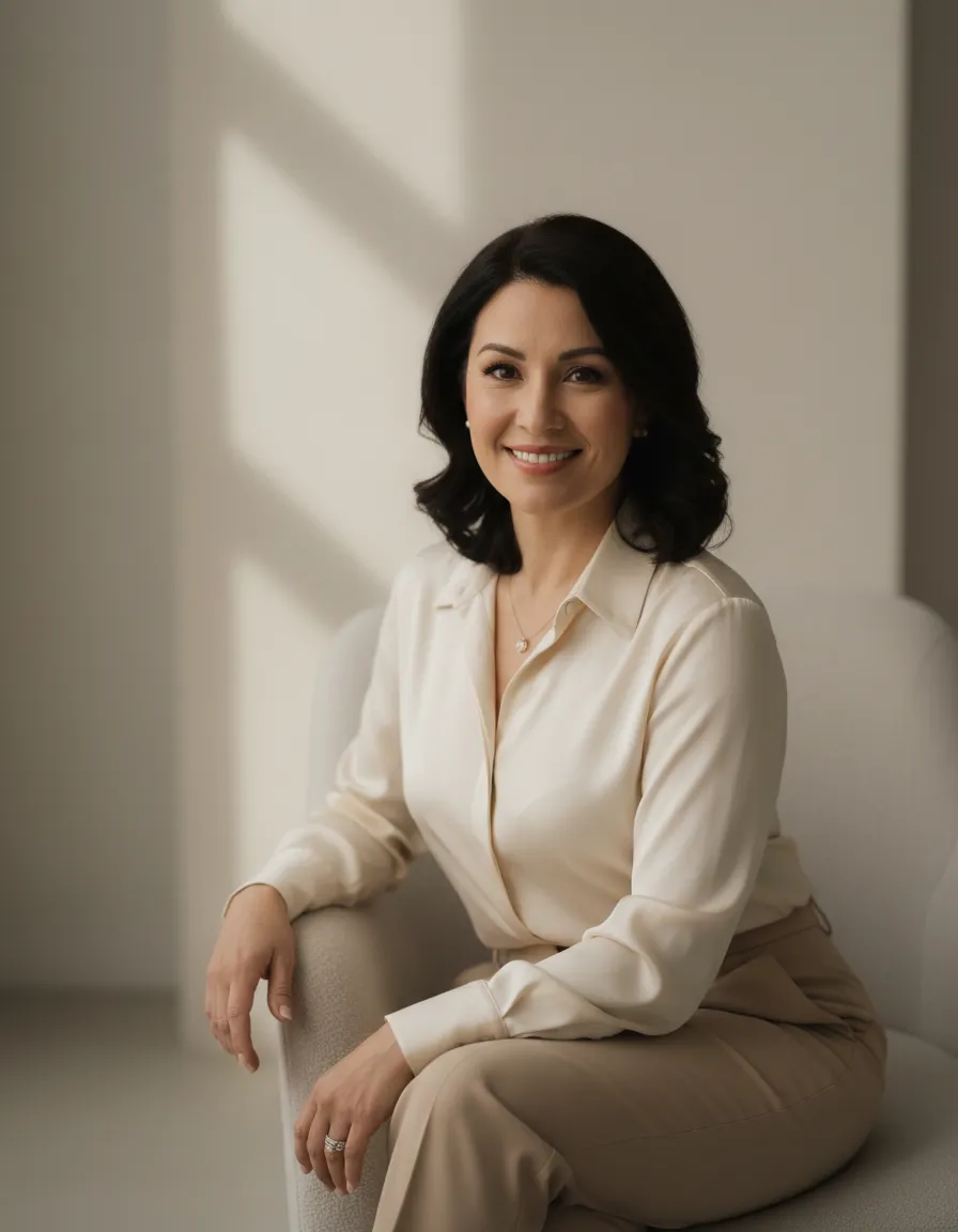 Professional women's coach seated in a relaxed, approachable pose