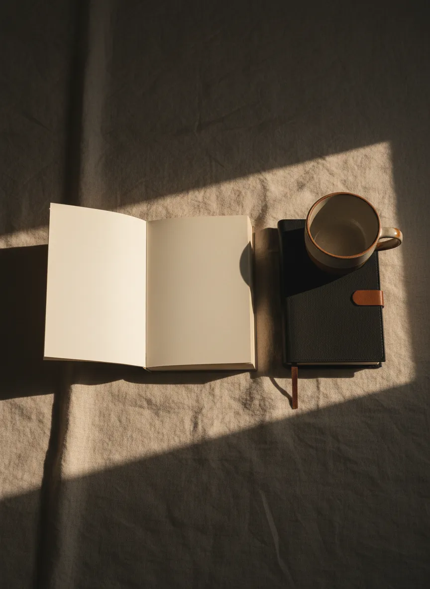 The book beside a journal, tea cup, and soft linen, editorial styling.