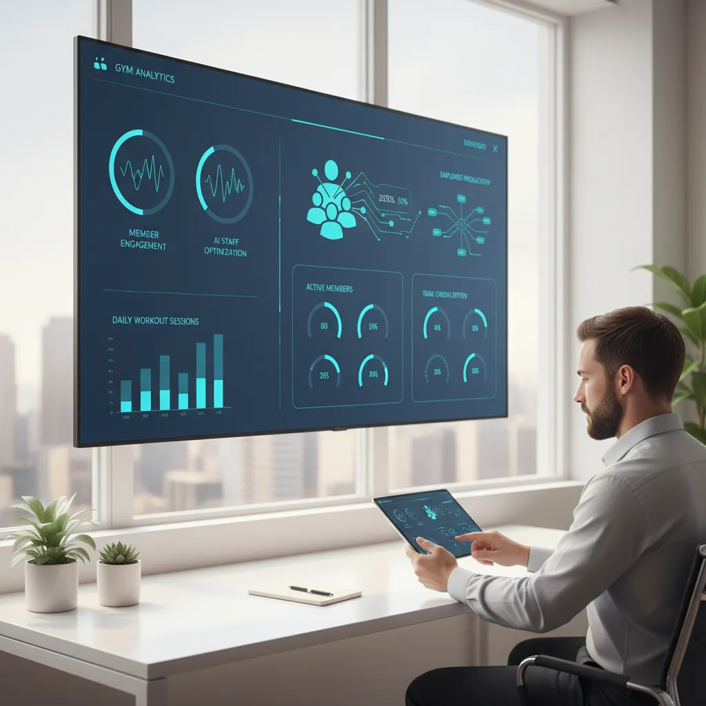 A modern digital dashboard displaying real-time gym analytics, member engagement stats, and AI employee performance metrics. The interface is sleek, with blue and charcoal accents, and a gym manager is reviewing data on a tablet in a bright office.
