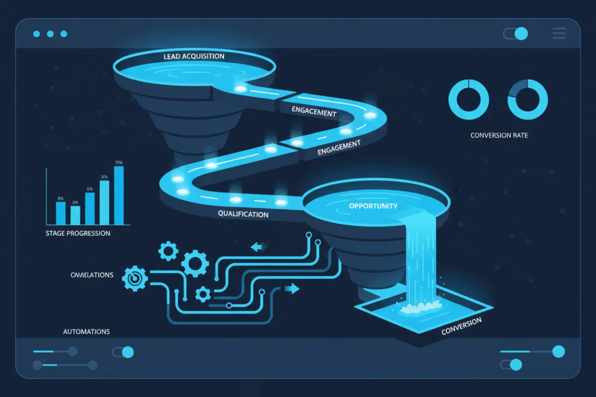 Illustration of a multi-step sales funnel dashboard with lead stages, conversion graphs, and connected automations.