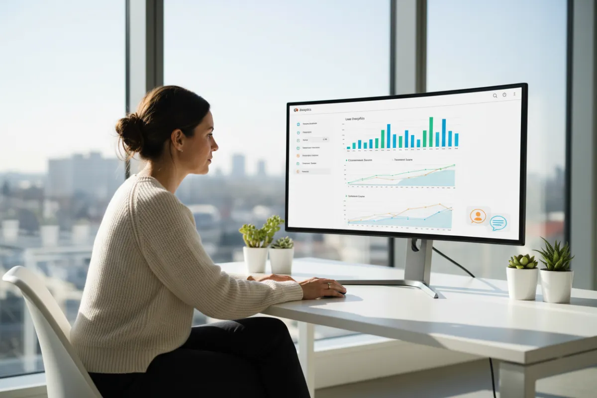 Marketing professional reviewing AI chat widget analytics on a widescreen monitor in a modern office.