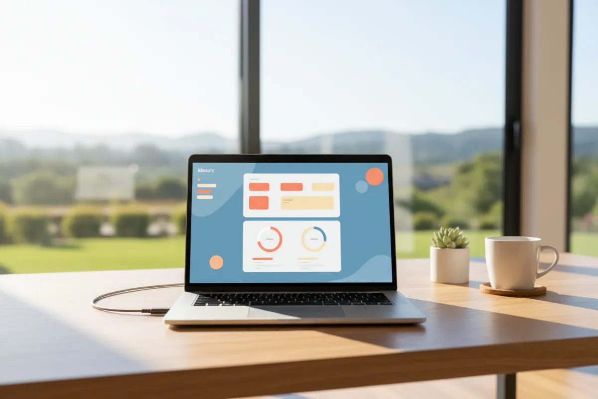 Modern laptop on a clean desk showing the Ideazic dashboard interface.
