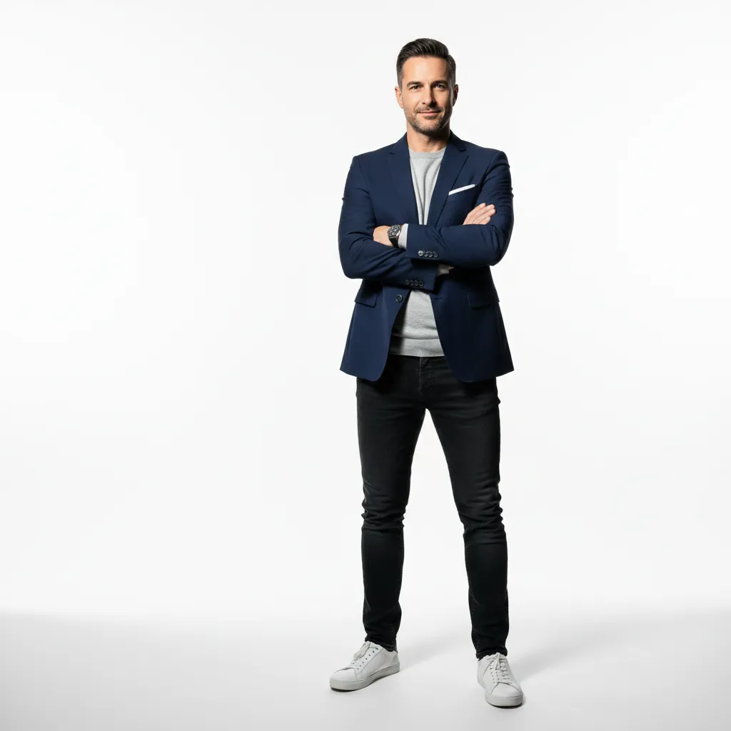 Founder portrait in a minimalist studio wearing smart-casual attire.