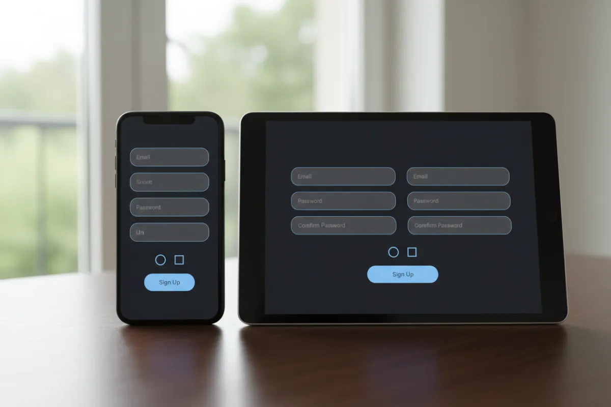Responsive mobile form shown on smartphone and tablet side-by-side on a wooden desk with natural window light.