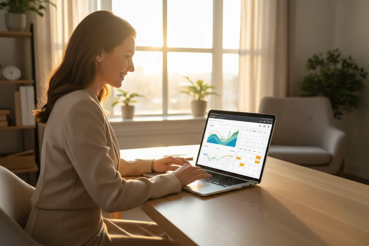Modern small business owner at desk using AI dashboard and booking calendar