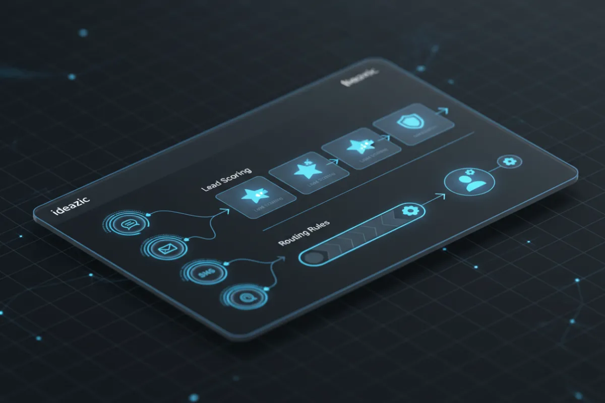 Ideazic dashboard showing multi-channel conversations, lead scoring labels, and routing rules in a clean dark UI with blue accents.