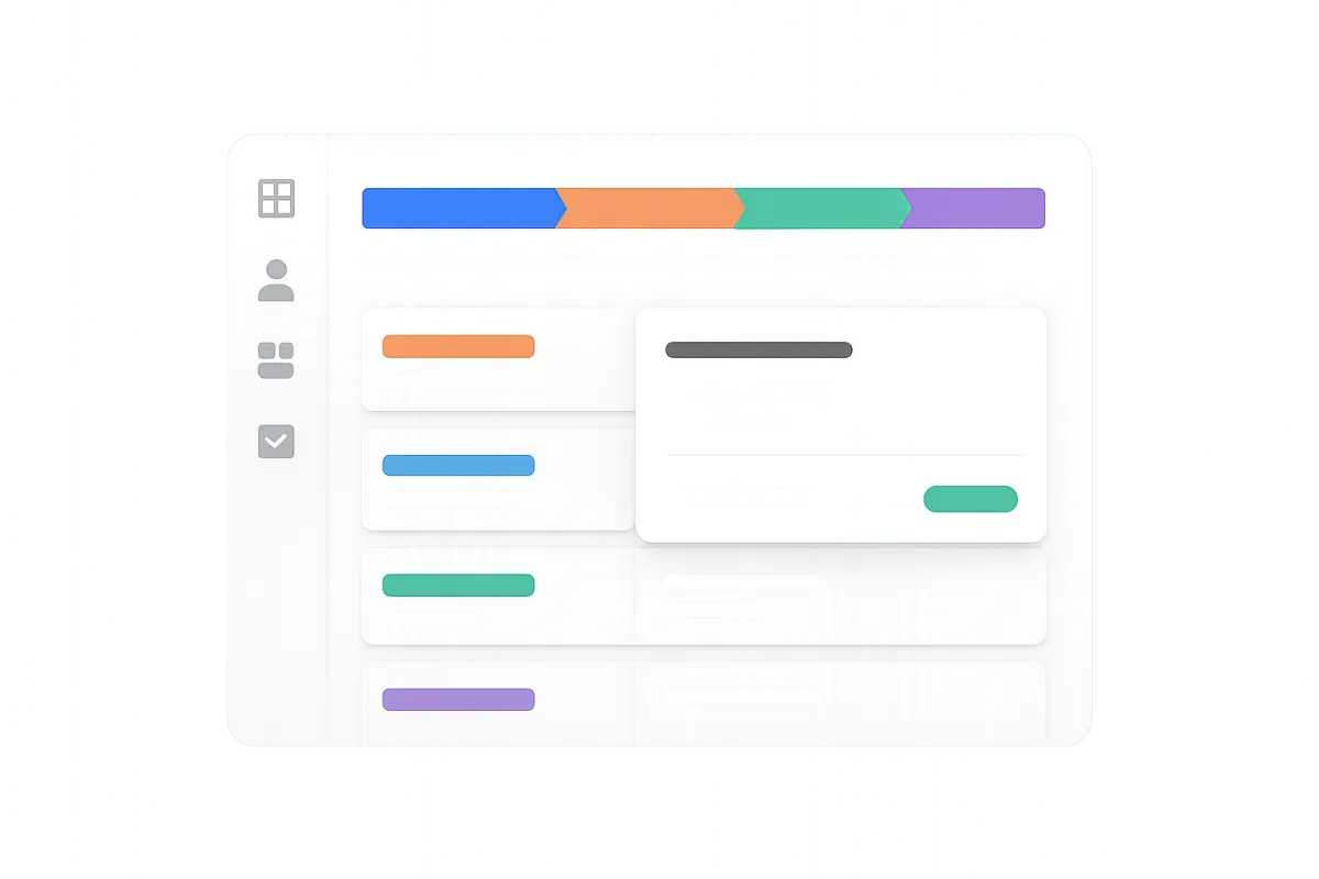 CRM pipeline dashboard showing stages and an active deal card