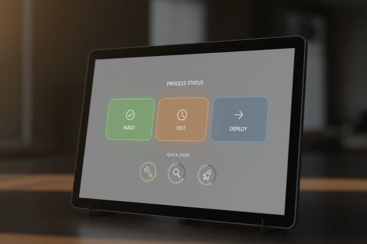 صورة توضح لوحة تحكم نشر سهل (Deployment) مع بطاقات حالة عملية وخطوات سريعة، منظر 3:2، تصميم حديث مستخدم من قبل مديري مشاريع الشركات الصغيرة