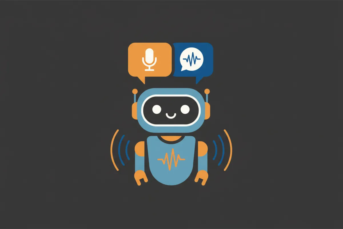 AI voice and conversation bot illustration showing a chatbot avatar with conversational waveforms.
