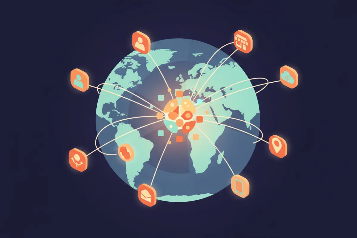 Illustration representing “AI solutions for everyone everywhere”: diverse people and devices connected by an abstract AI network across a globe, modern colorful style.