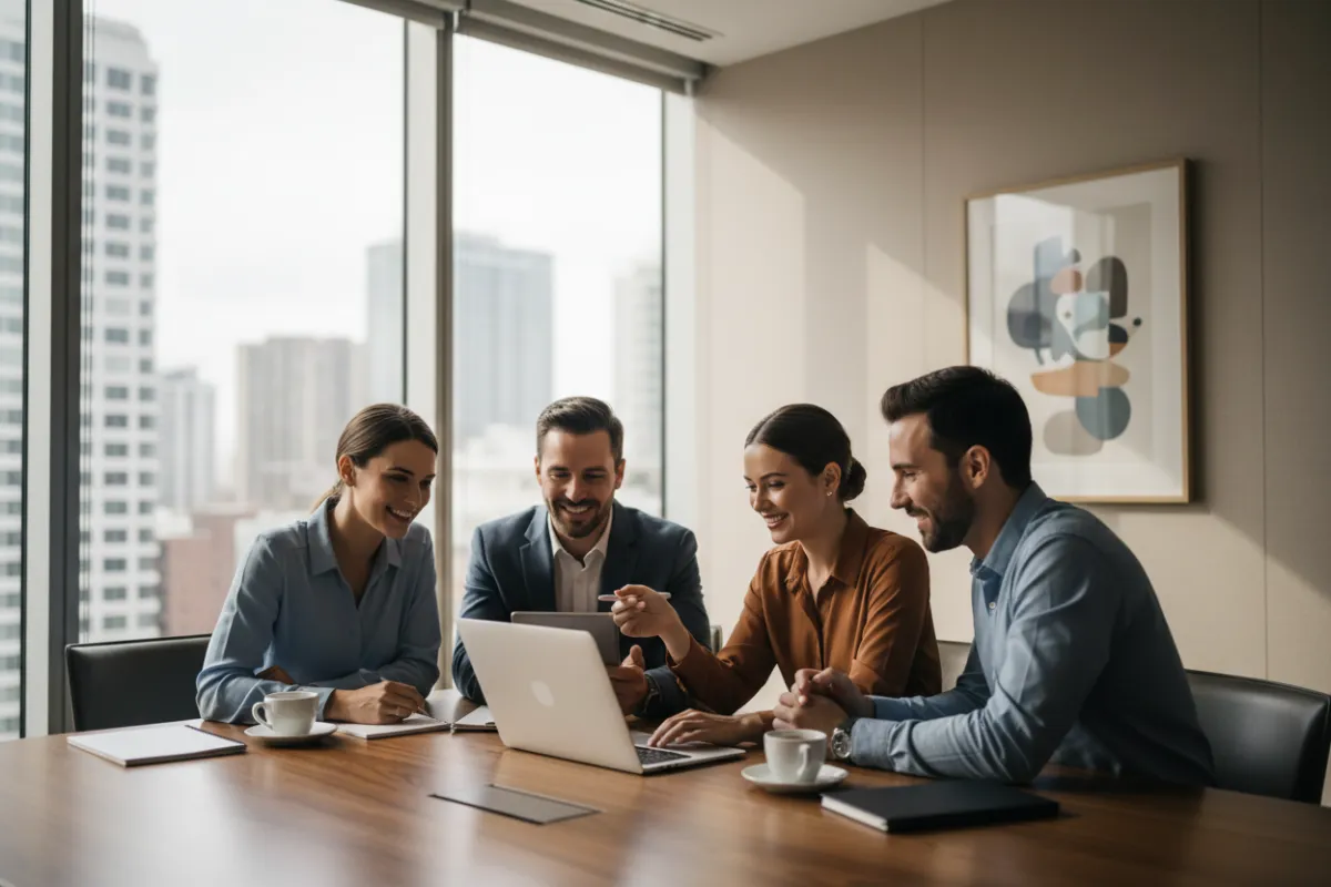 Confident entrepreneur holding a tablet, business-casual, friendly expression