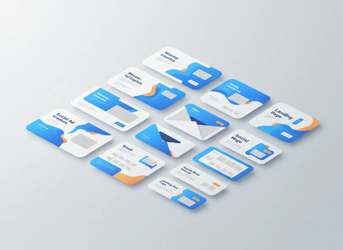 Professional marketing assets including banners, email templates, and landing pages