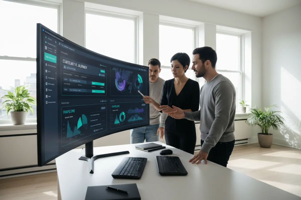 Team reviewing CRM pipelines and reports on a large monitor in a modern office
