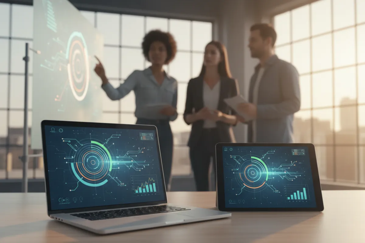 CampaignCore dashboard on laptop and tablet in a modern agency workspace