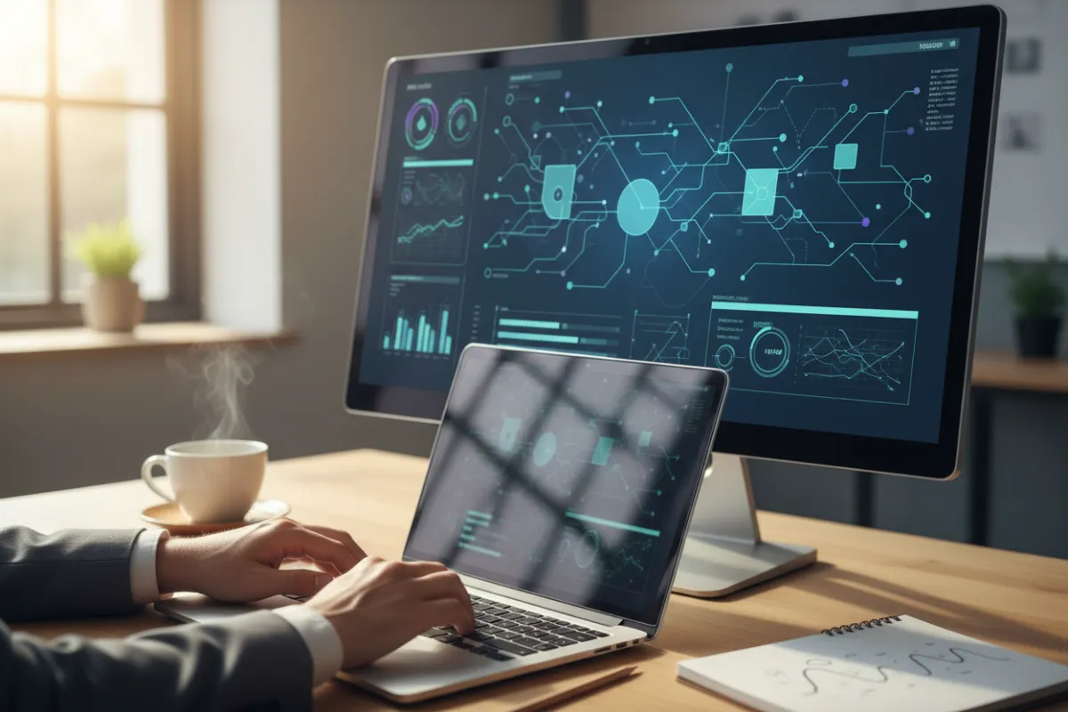Modern analytics dashboard on a large monitor with a professional working at a laptop.