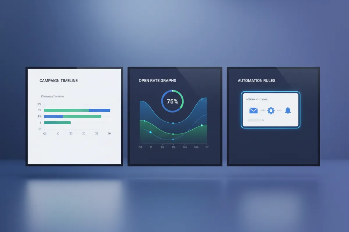 Dashboard mockup showing campaign timeline, open rate graphs, and an automation rule.