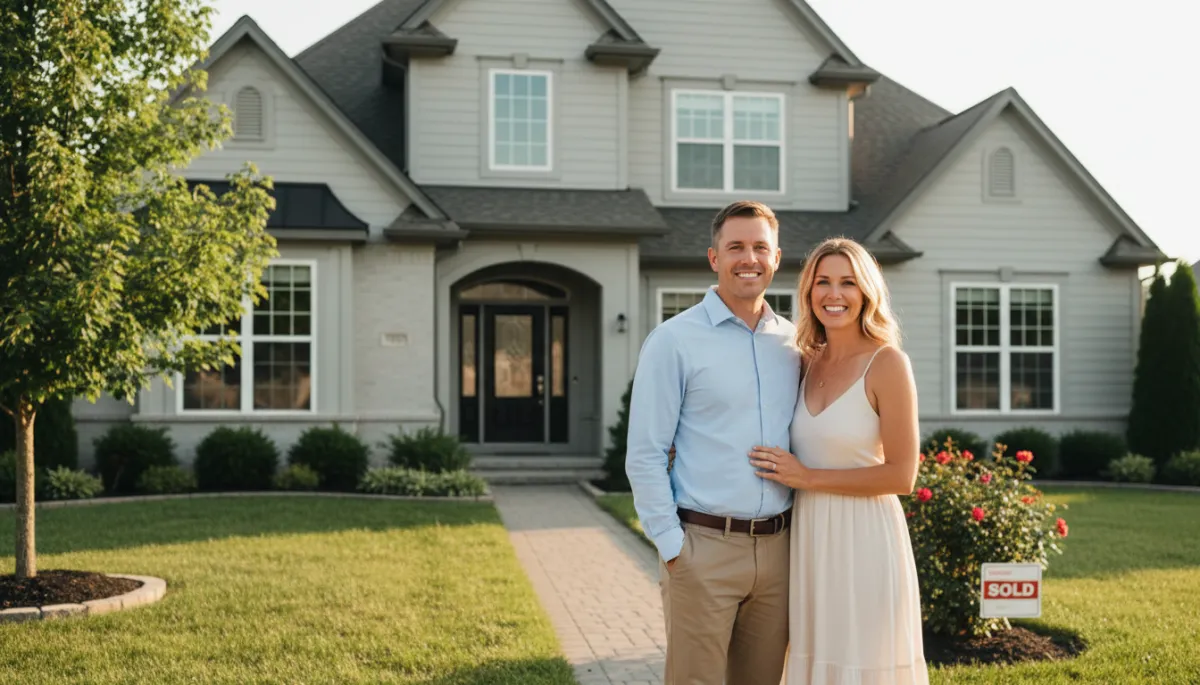 Smiling homeowners in front of a sold home
