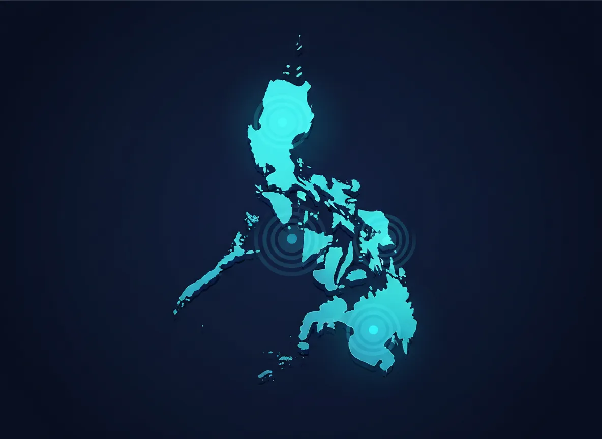 Stylized Philippines map with broadcast signal wave overlays
