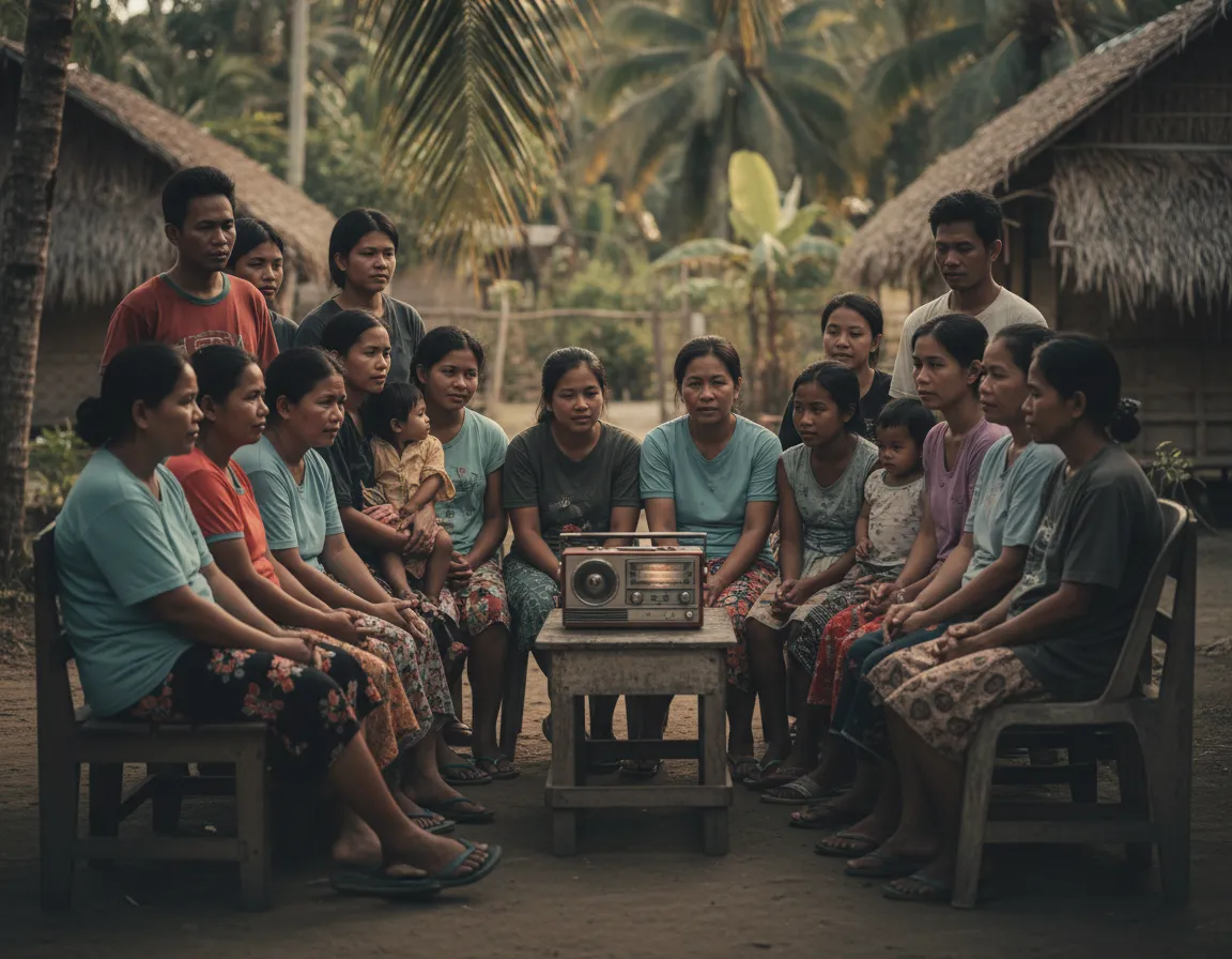 People listening to portable radio sets in a rural community
