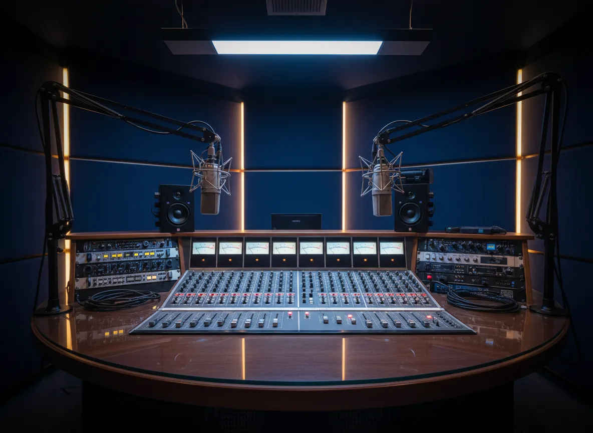 Professional radio studio with microphones and console