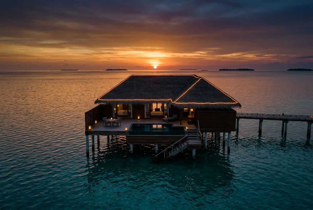 Luxury resort overwater villa and pristine ocean backdrop