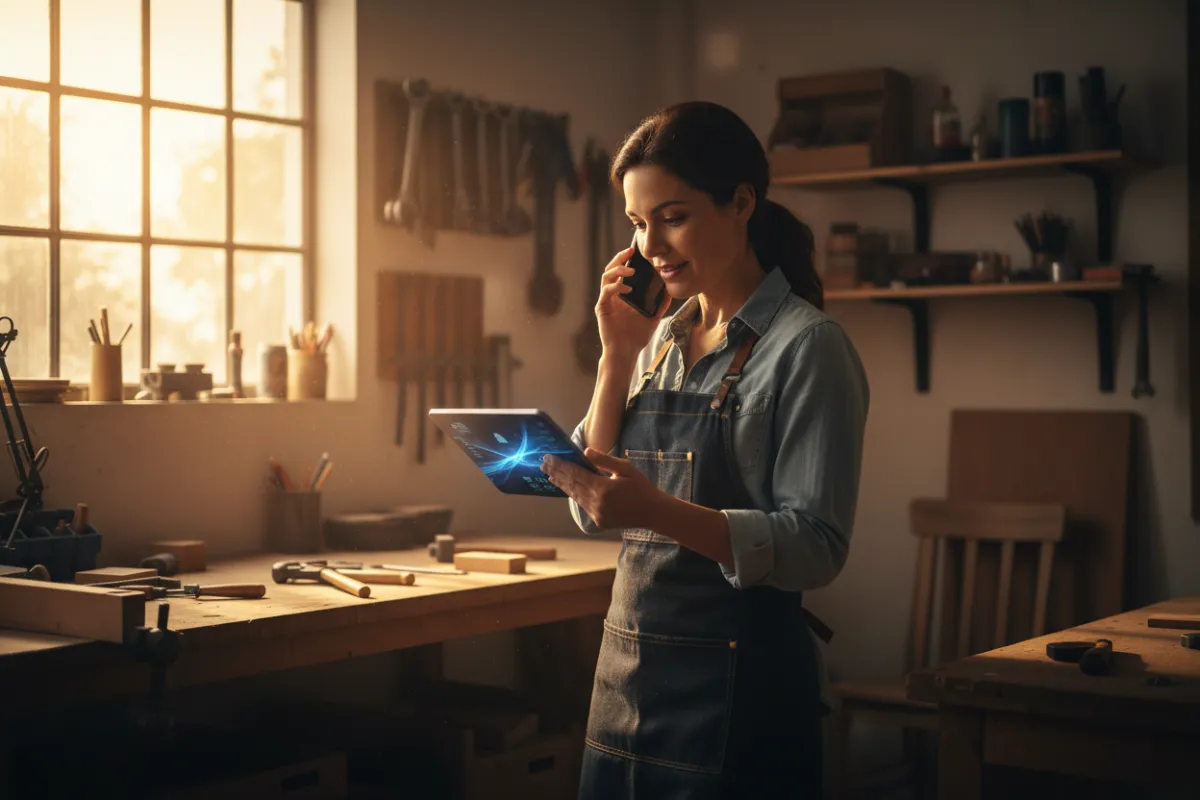 Small-business owner speaking on the phone while checking a tablet in a bright workshop.