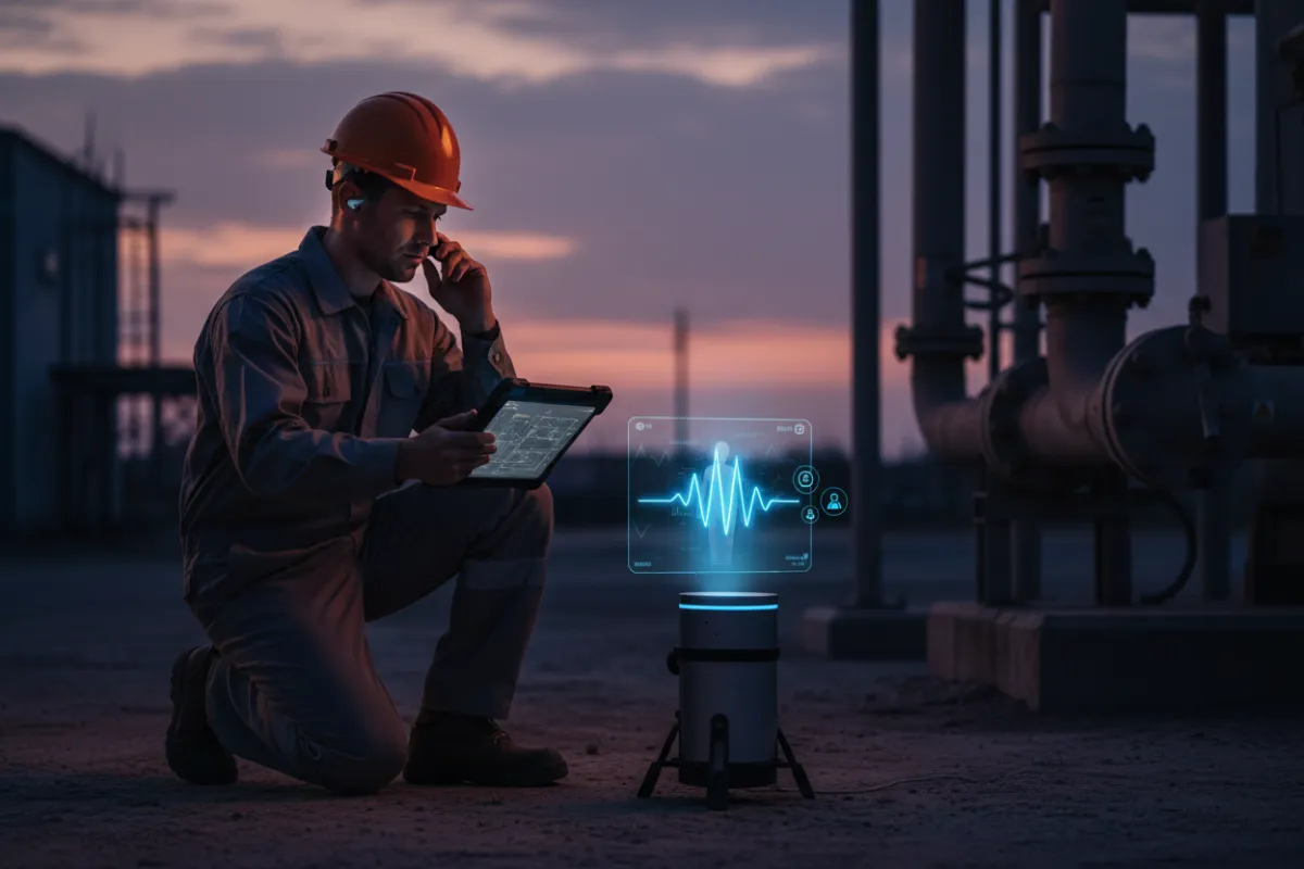 Technician on site using a tablet while EchoAgent handles incoming calls.