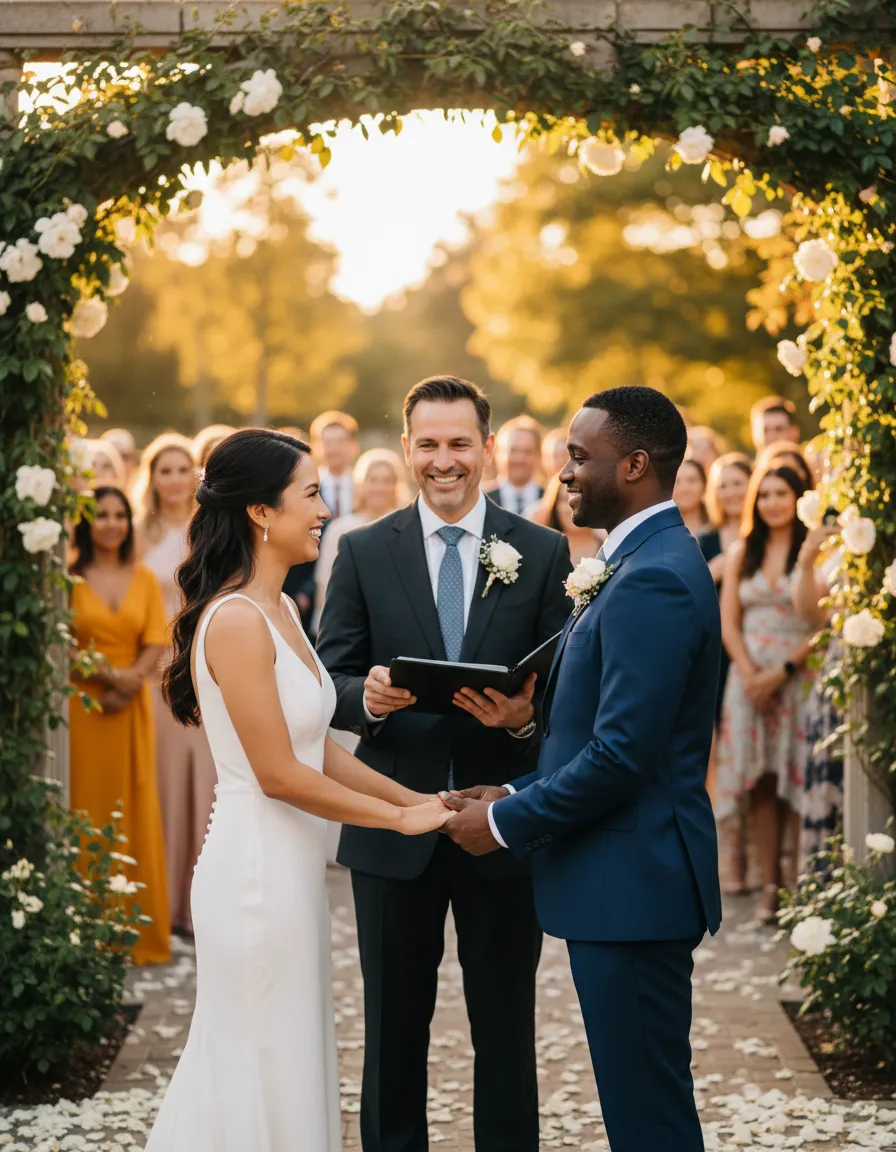 Jason officiating a wedding ceremony at golden hour with an inclusive couple