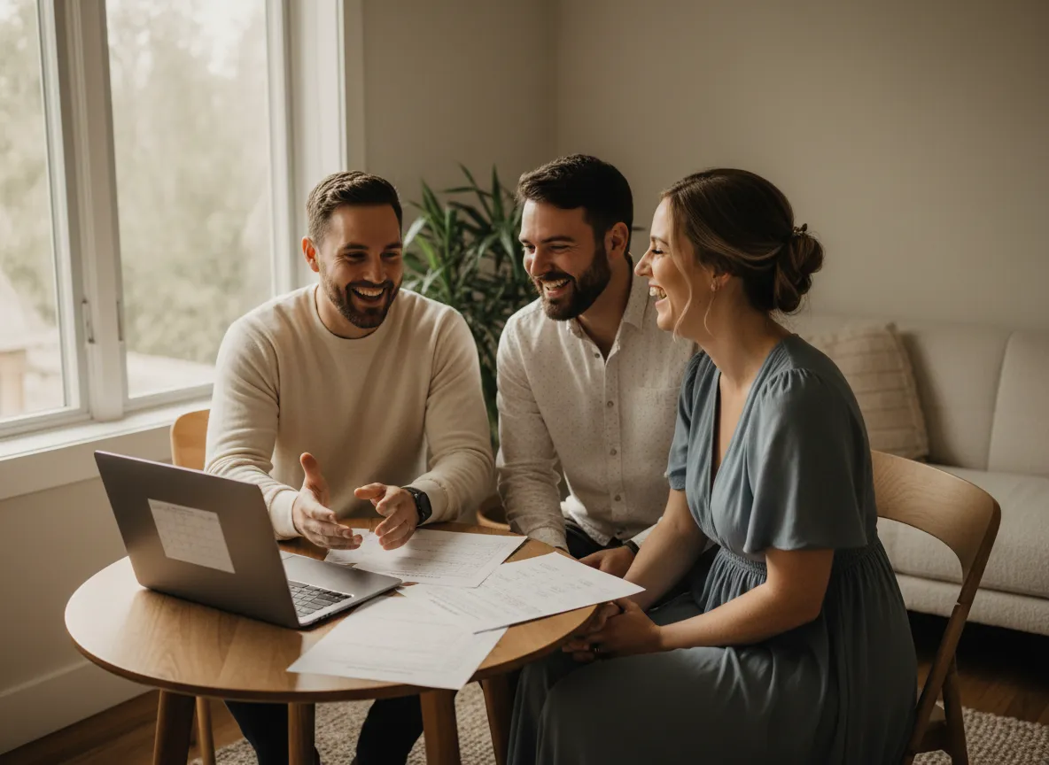 Couple laughing with officiant during ceremony planning meeting