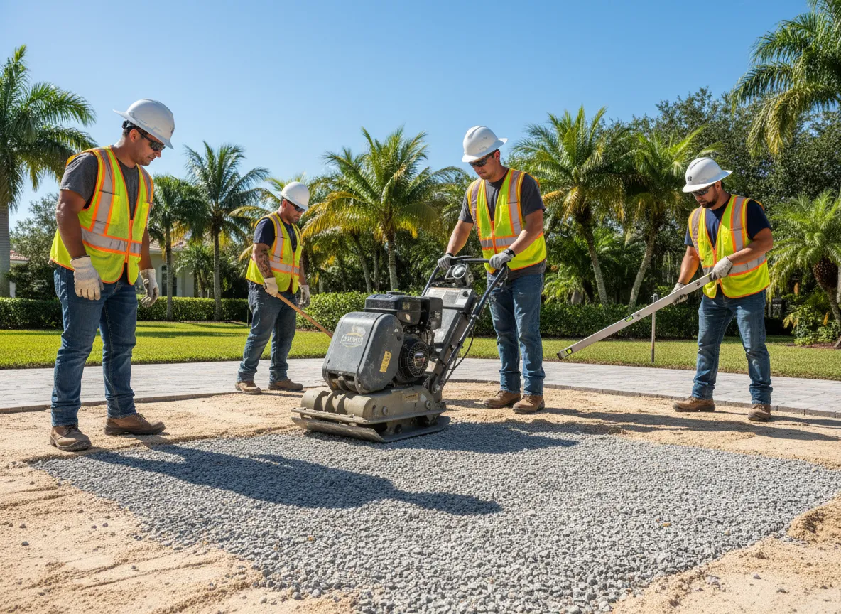 Crew compacting gravel base for paver installation