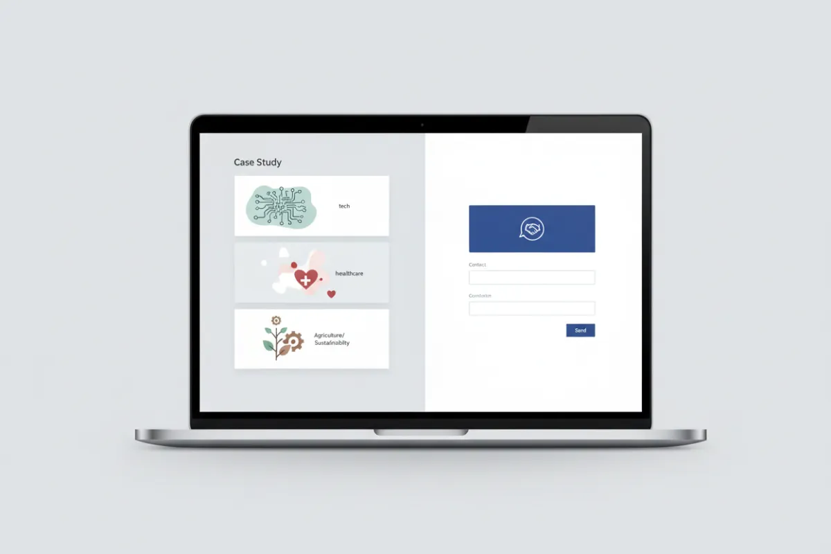Customer success consultancy site template showing case study tiles and contact CTA