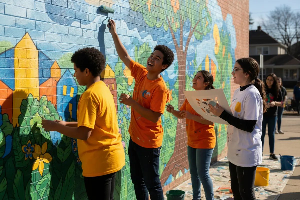 Teen volunteers painting a neighborhood mural