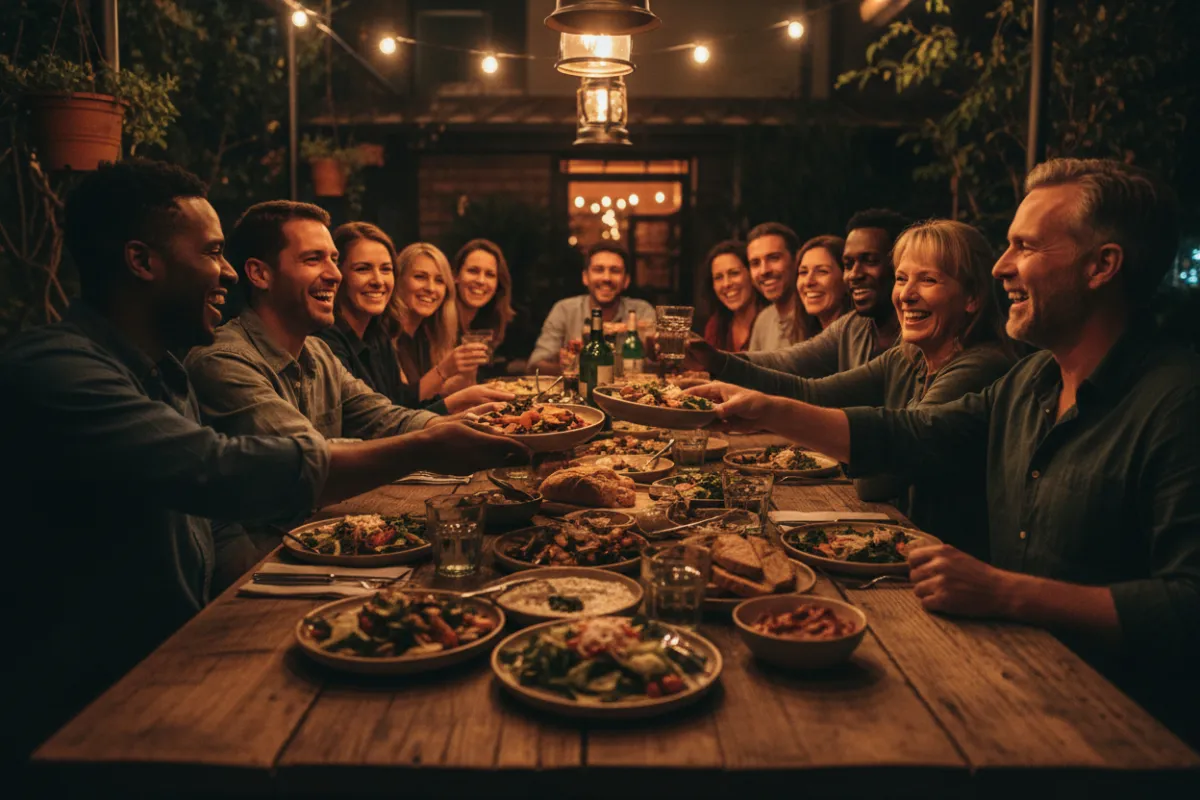 Community table sharing a meal outdoors
