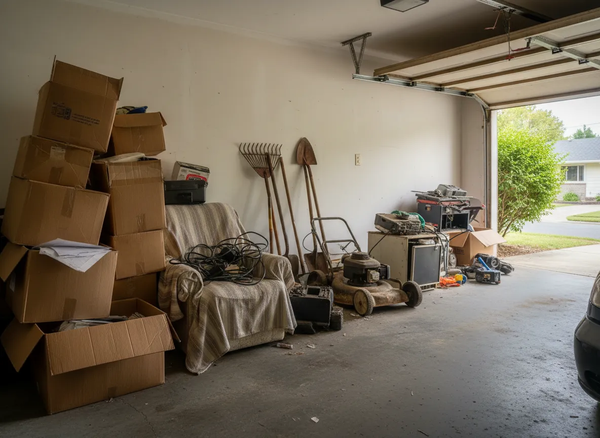 Garage clutter before junk removal