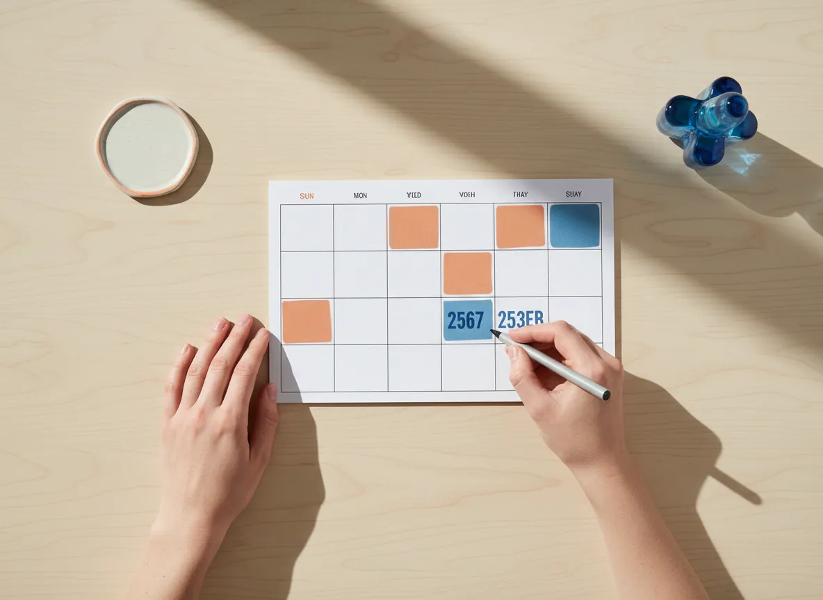 Persona marcando hábitos completados en un calendario minimalista