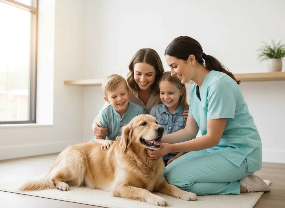 Vet comforting a dog with a family and children at Valley Vets Swansea