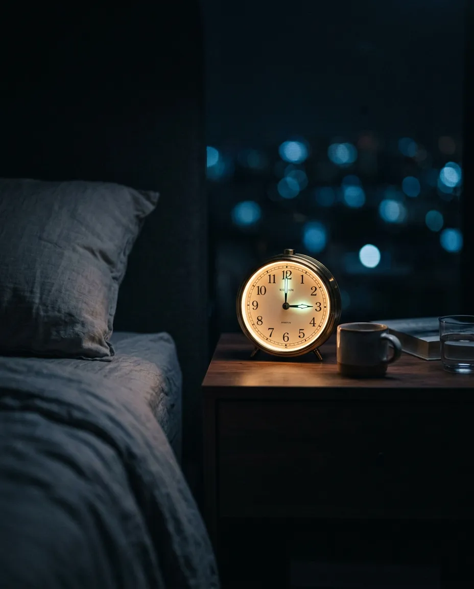 Moody cinematic shot of an illuminated bedside clock at 3 AM in deep blue ambient shadows