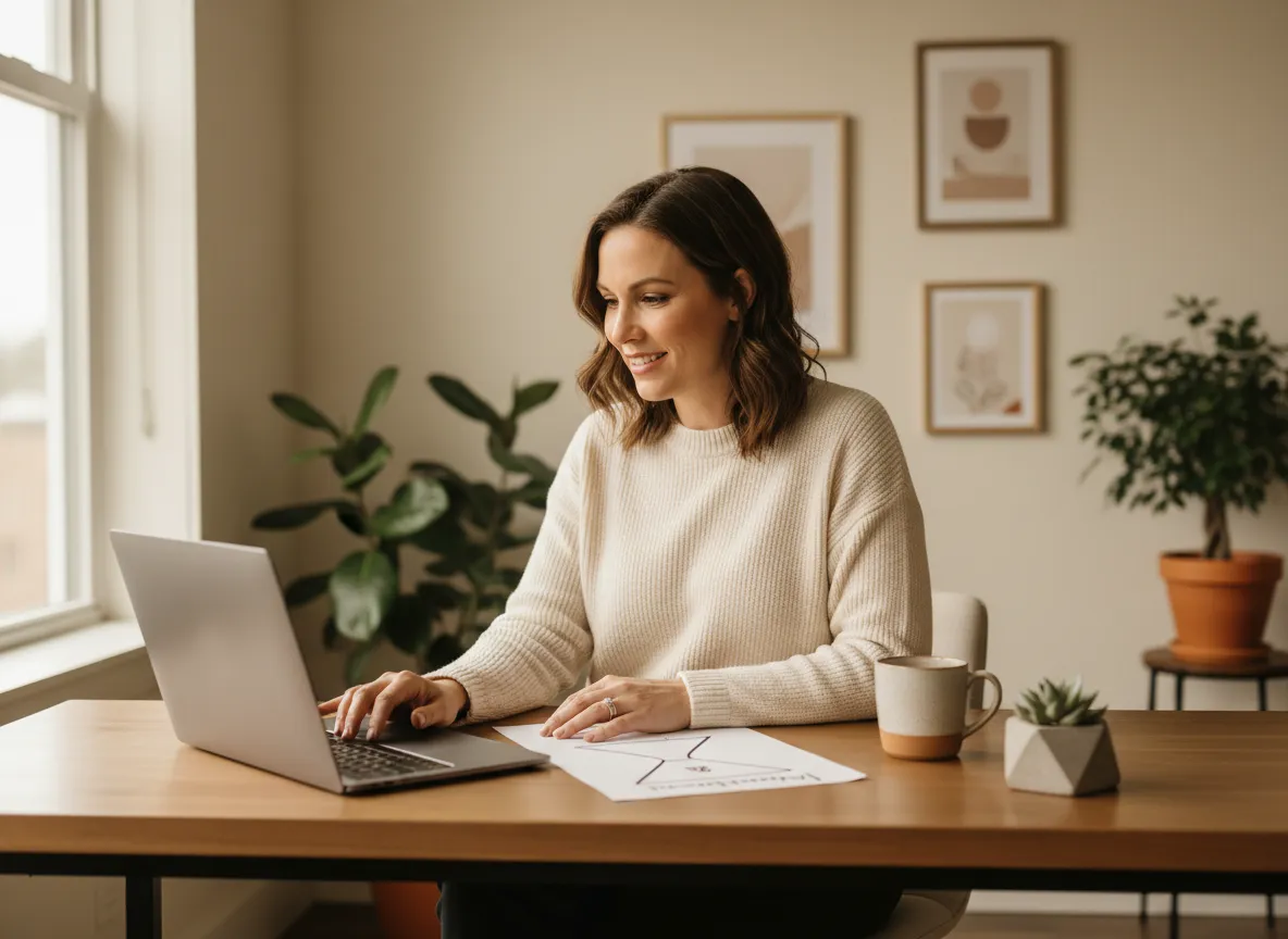Small business owner working on a modern laptop in a bright office