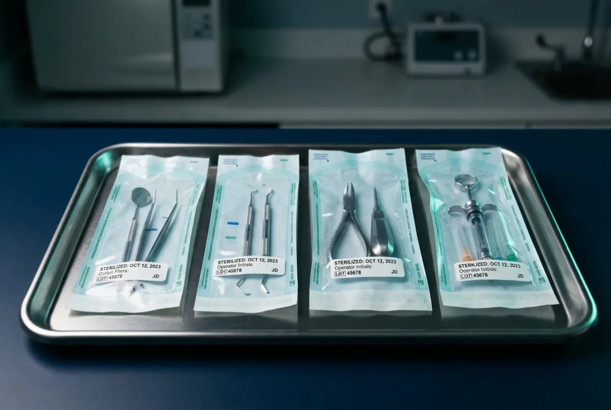 Hospital grade dental autoclave sterilization room with sealed instrument pouches ready for chairside use