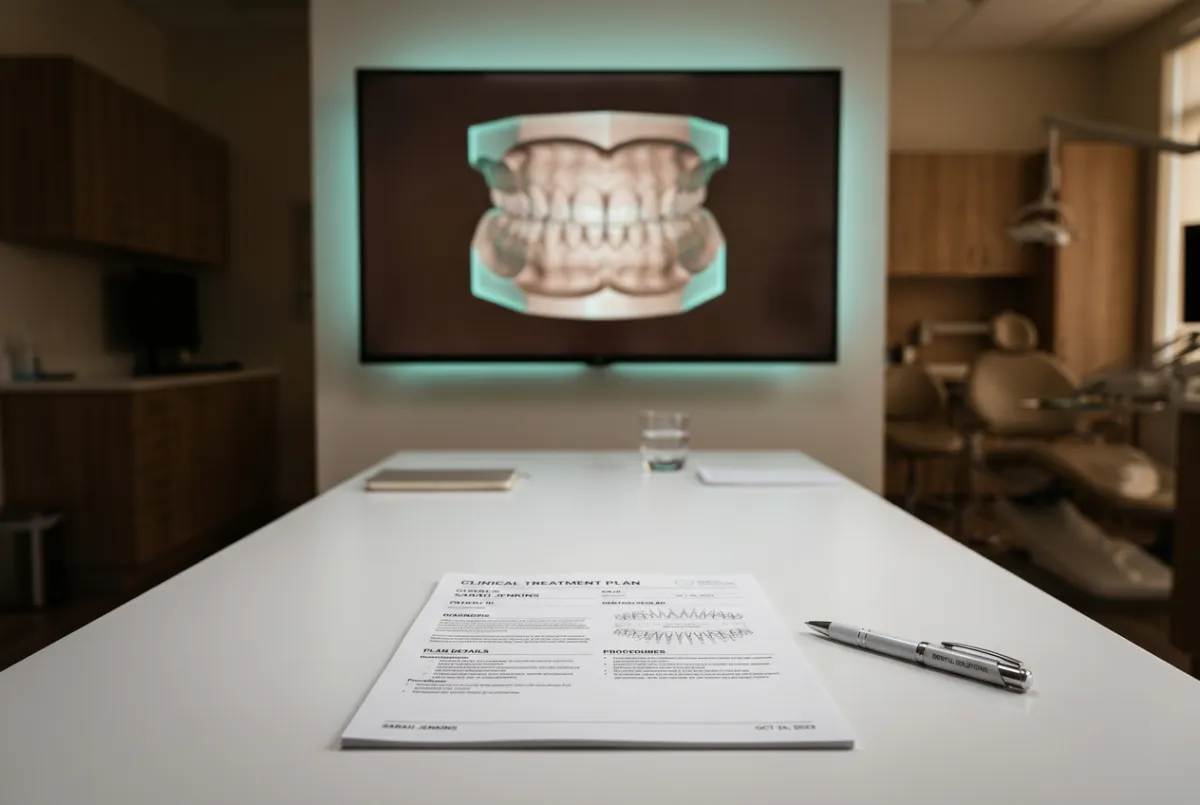 Transparent digital treatment planning consultation with 3D dental diagnostics on modern studio screens